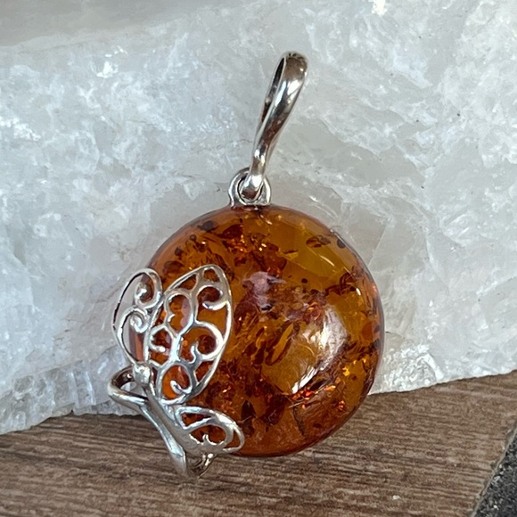 Baltic Amber Sterling Silver Pendant with Butterfly Detail Necklace - Picture 3 of 12